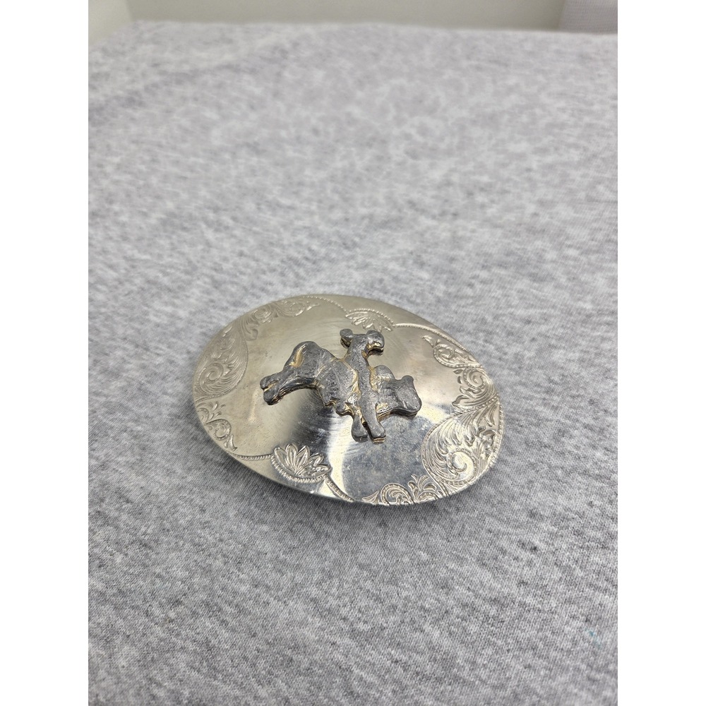 Vintage 1970s Floral Southwestern Bull Riding Bronc Filigree Belt Buckle Rodeo